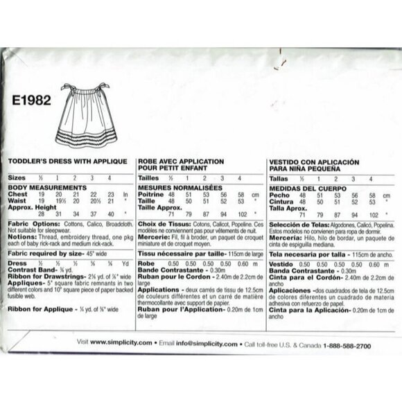 Simplicity E1982 Toddlers Dress Sewing Pattern Applique Design Size A (1/2-4) - Picture 2 of 2